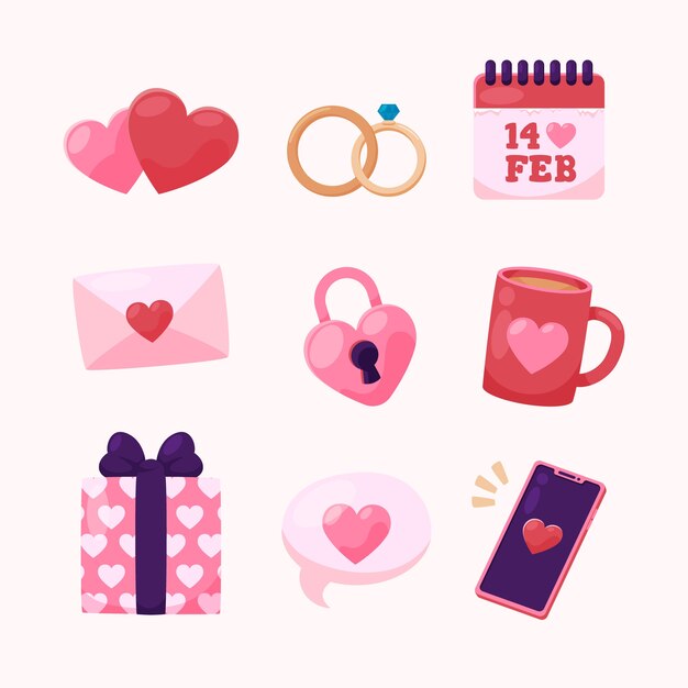 Colección plana de elementos de celebración del día de san valentín
