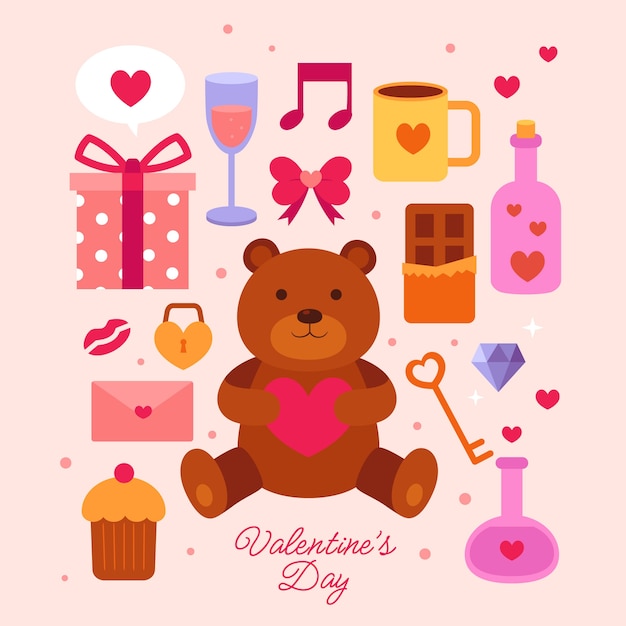 Vector gratuito colección plana de elementos de celebración del día de san valentín