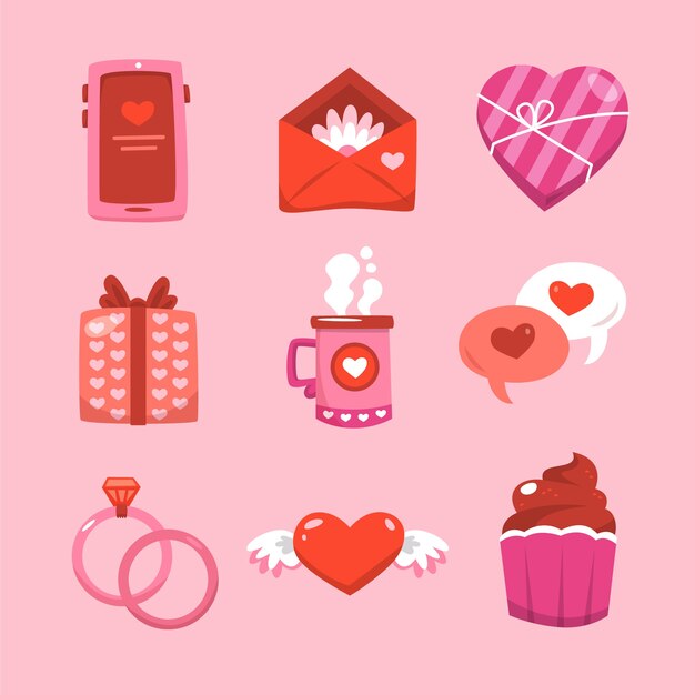 Colección plana de elementos de celebración del día de san valentín