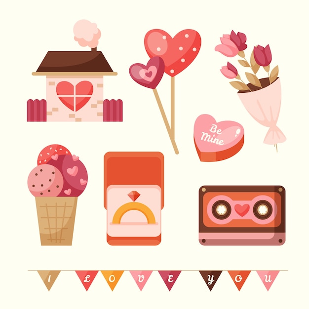 Vector gratuito colección plana de elementos de celebración del día de san valentín