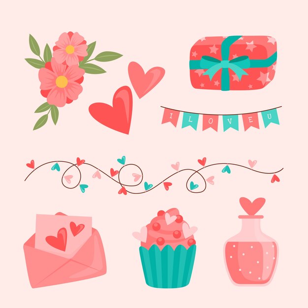Colección plana de elementos de celebración del día de san valentín
