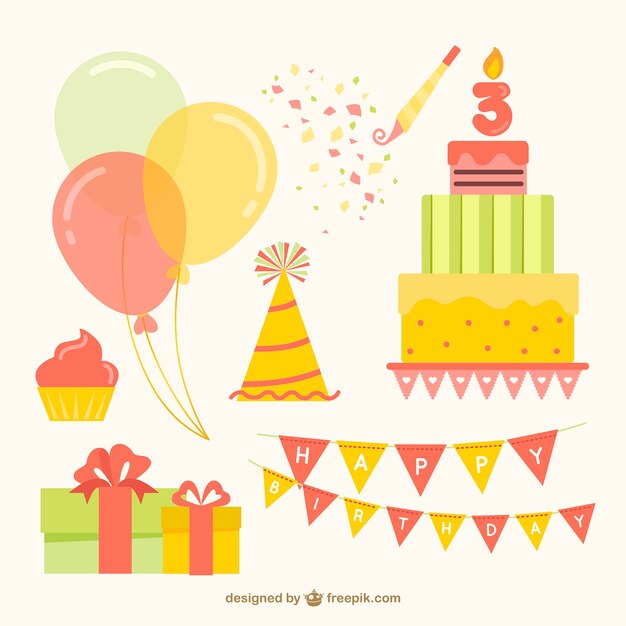 Colección plana de elementos de cumpleaños de colores