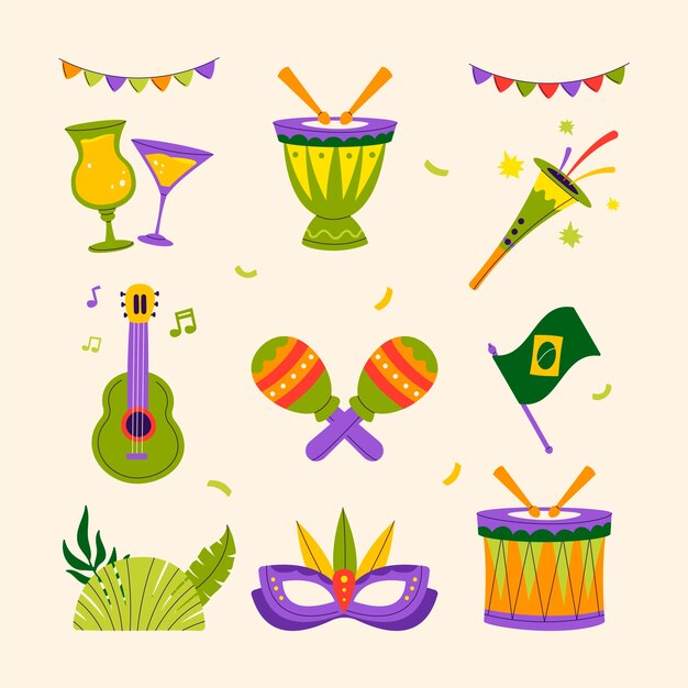 Colección plana de elementos de diseño de carnaval brasileño