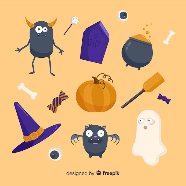 Colección plana de elementos espeluznantes de halloween