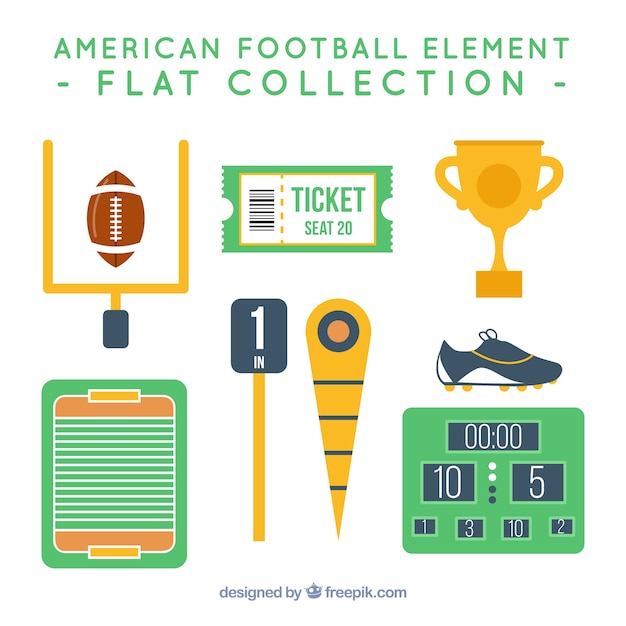 Vector gratuito colección plana de elementos de fútbol americano