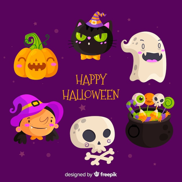 Colección plana de elementos de halloween en fondo morado