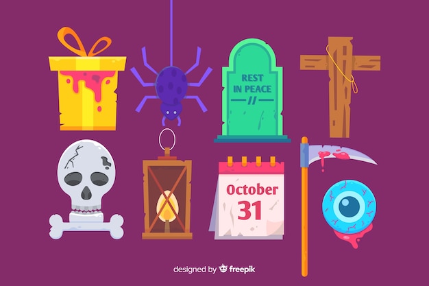 Vector gratuito colección plana de elementos de halloween sobre fondo morado