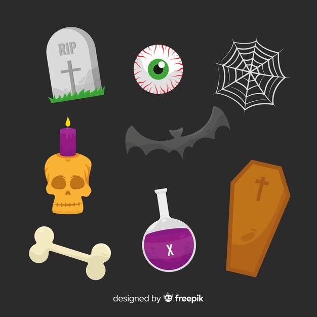 Colección plana de elementos de halloween sobre fondo negro