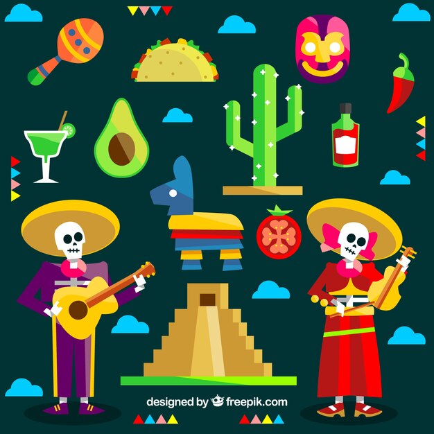 Colección plana de elementos mexicanos