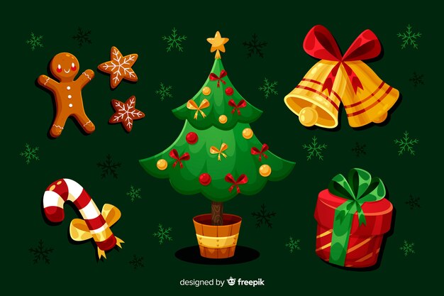 Colección plana de elementos navideños con árbol