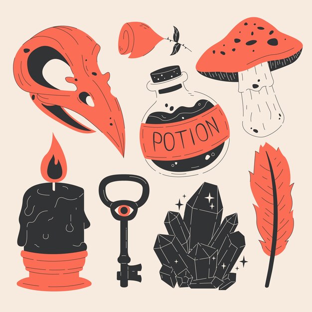 Colección plana de elementos oscuros místicos