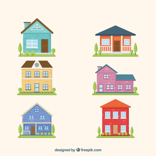 Colección plana de fachadas de casas con jardín