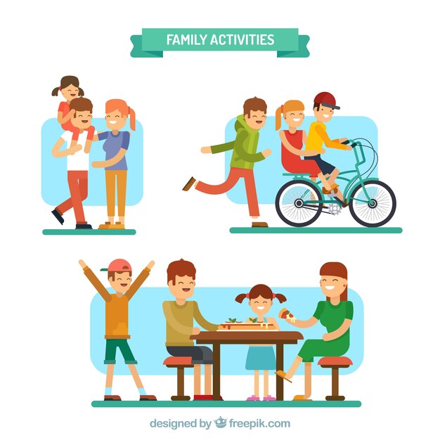 Colección plana de familia haciendo distintas actividades