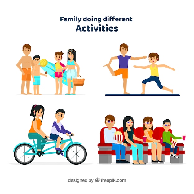 Vector gratuito colección plana de familia haciendo distintas actividades