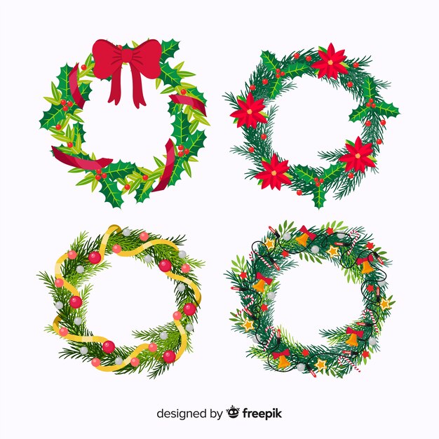 Colección plana de flores y guirnaldas de navidad