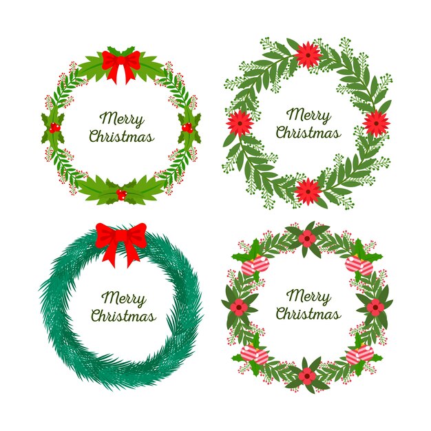 Colección plana de flores y guirnaldas navideñas