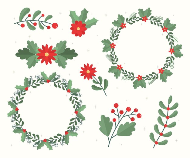 Colección plana de flores y guirnaldas navideñas