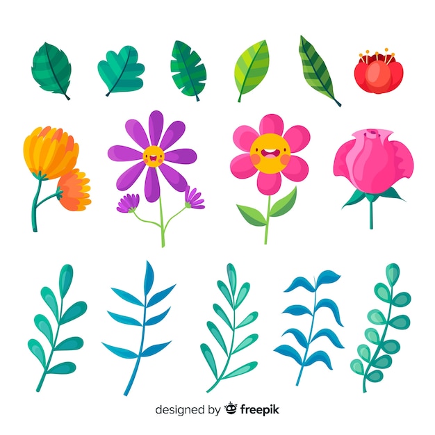 Colección plana de flores y hojas