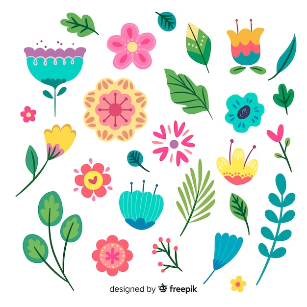 Vector gratuito colección plana de flores y hojas