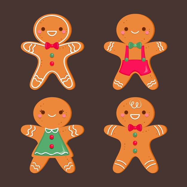 Colección plana de galletas de hombre de pan de jengibre sobre fondo oscuro
