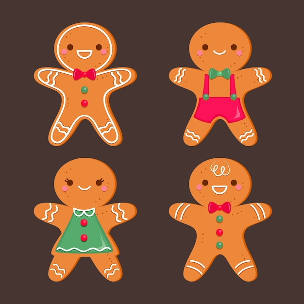 Colección plana de galletas de hombre de pan de jengibre sobre fondo oscuro