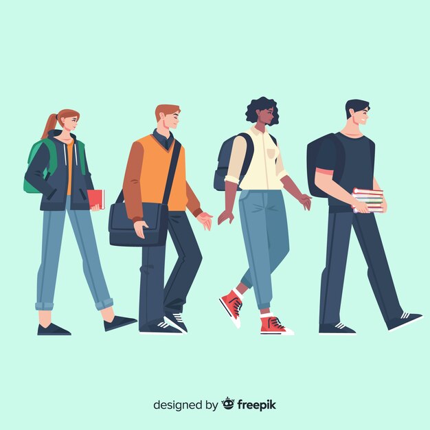Colección plana gente yendo a la universidad
