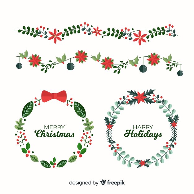 Colección plana de guirnaldas y flores navideñas