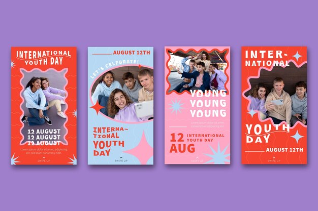 Colección plana de historias del día internacional de la juventud con foto