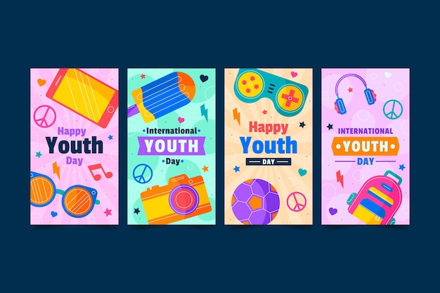 Colección plana de historias del día internacional de la juventud