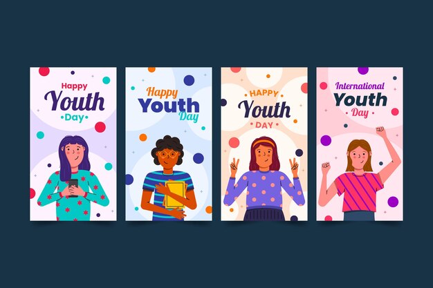 Colección plana de historias del día internacional de la juventud