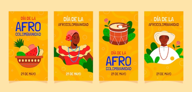 Vector gratuito colección plana de historias de instagram de afrocolombianidad