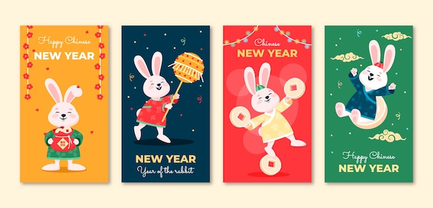 Vector gratuito colección plana de historias de instagram de año nuevo chino