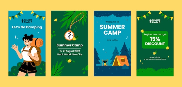 Colección plana de historias de instagram de camping de verano