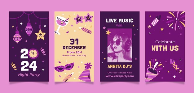 Colección plana de historias de instagram para la celebración del año nuevo 2024.