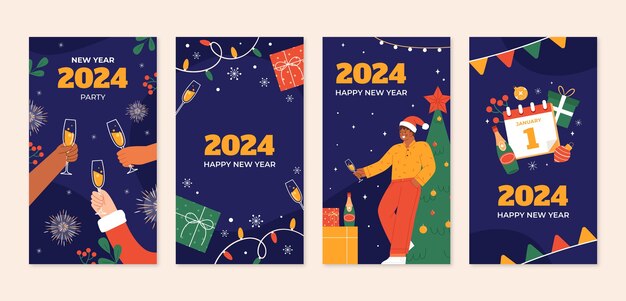 Colección plana de historias de instagram para la celebración del año nuevo 2024.