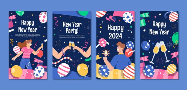 Colección plana de historias de instagram para la celebración del año nuevo 2024.