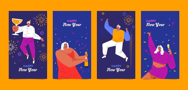 Colección plana de historias de instagram para la celebración del año nuevo 2024.