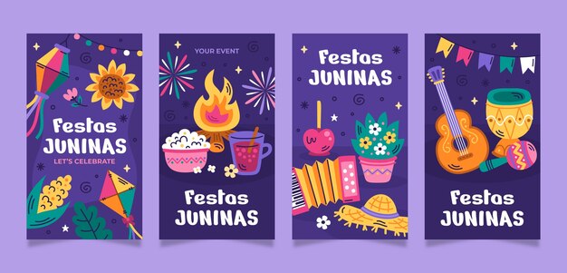 Colección plana de historias de instagram para la celebración brasileña de festas juninas