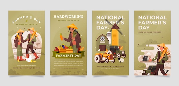 Vector gratuito colección plana de historias de instagram de celebración del día del agricultor