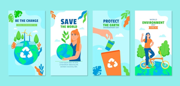 Vector gratuito colección plana de historias de instagram para la celebración del día mundial del medio ambiente