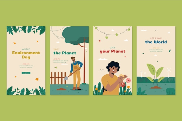 Vector gratuito colección plana de historias de instagram para la celebración del día mundial del medio ambiente