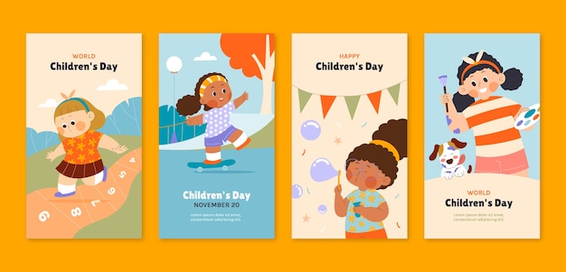 Colección plana de historias de instagram para la celebración del día mundial del niño.