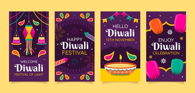 Colección plana de historias de instagram para la celebración del festival de diwali