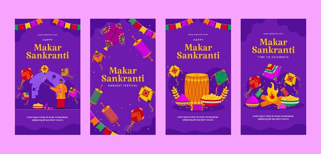 Colección plana de historias de Instagram para la celebración del festival Makar Sankranti