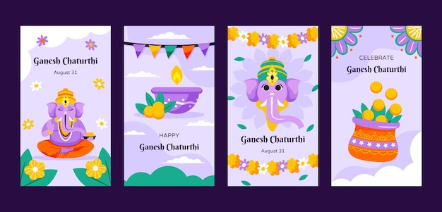 Vector gratuito colección plana de historias de instagram para la celebración de ganesh chaturthi