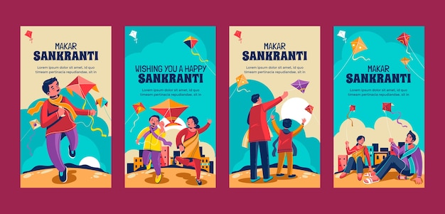Colección plana de historias de instagram de celebración makar sankranti