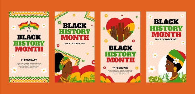 Vector gratuito colección plana de historias de instagram para la celebración del mes de la historia negra