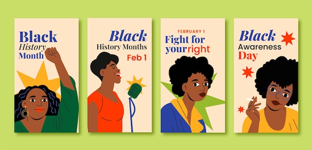 Vector gratuito colección plana de historias de instagram para la celebración del mes de la historia negra