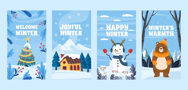 Colección plana de historias de instagram para la celebración de la temporada de invierno.