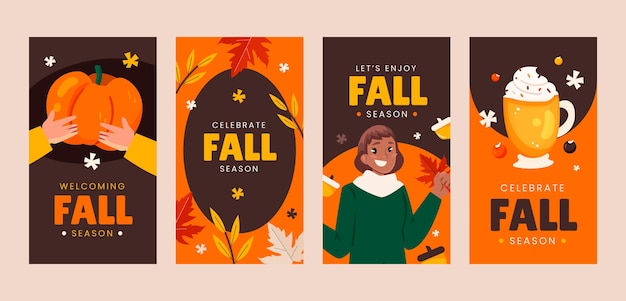 Colección plana de historias de instagram para la celebración de la temporada de otoño